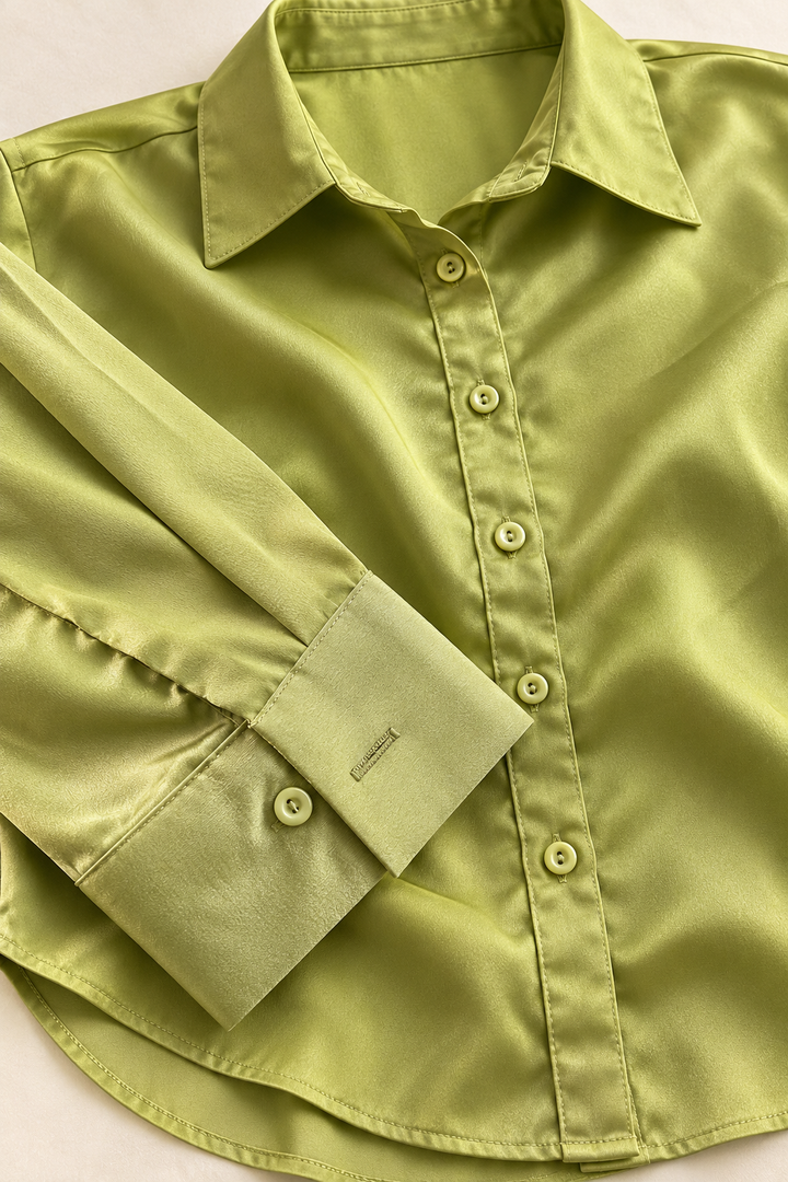 Classic Satin Button Down Shirt – Lime Green Oversized Blouse