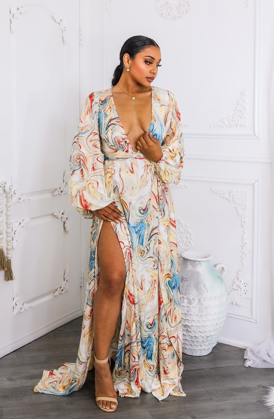 Marble Swirl Kimono Maxi Dress with Slits Boho Resort Style S Marble Swirl Kimono Maxi Dress with Slits Boho Resort Style S