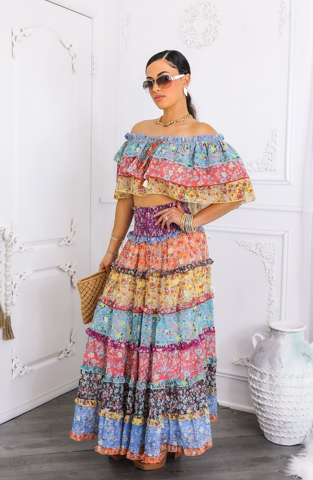 Boho Floral Ruffle Crop Top & Maxi Skirt Set