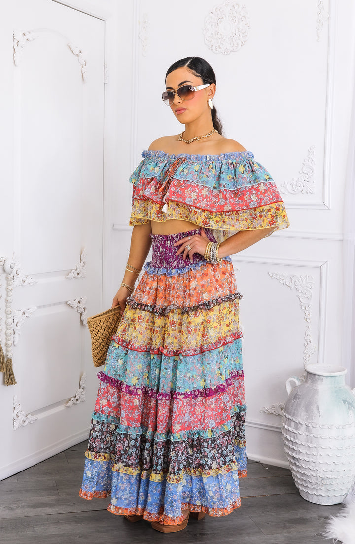 Boho Floral Ruffle Crop Top & Maxi Skirt Set