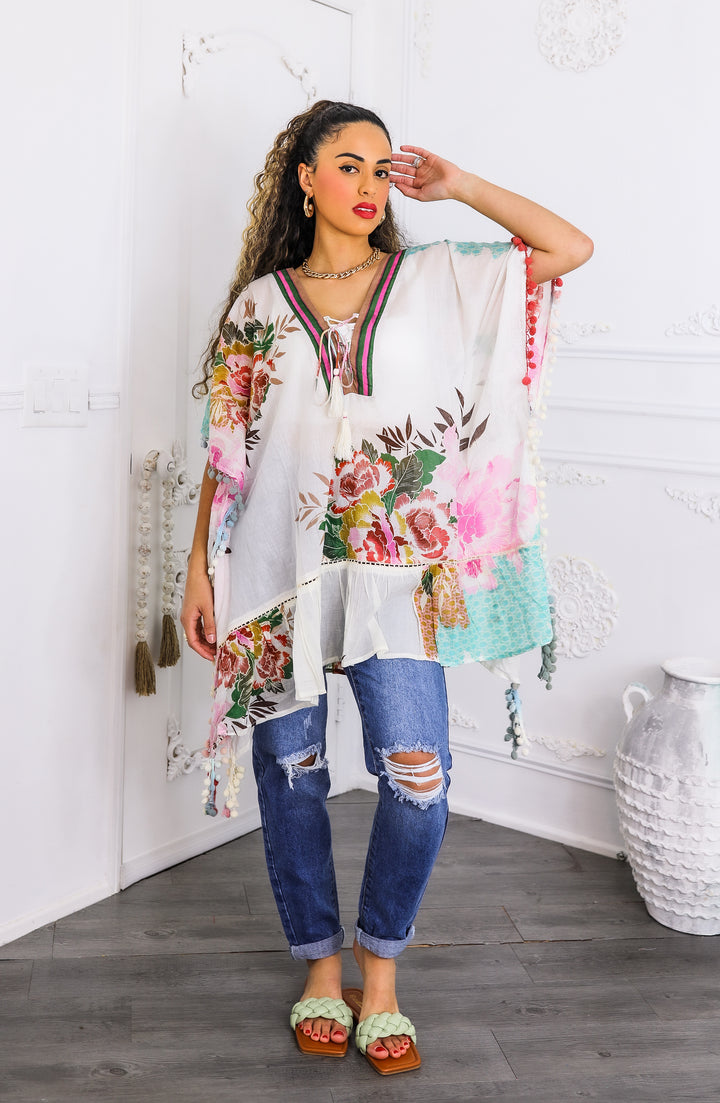 Boho Floral Tassel Kaftan Top – Lightweight Festival Tunic