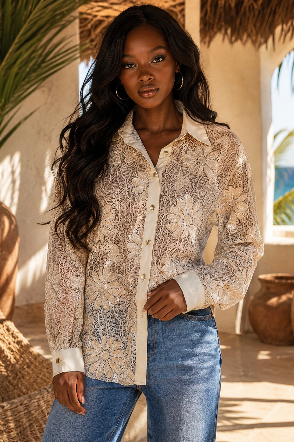 Floral Lace Contrast Button-Up Blouse – Cream
