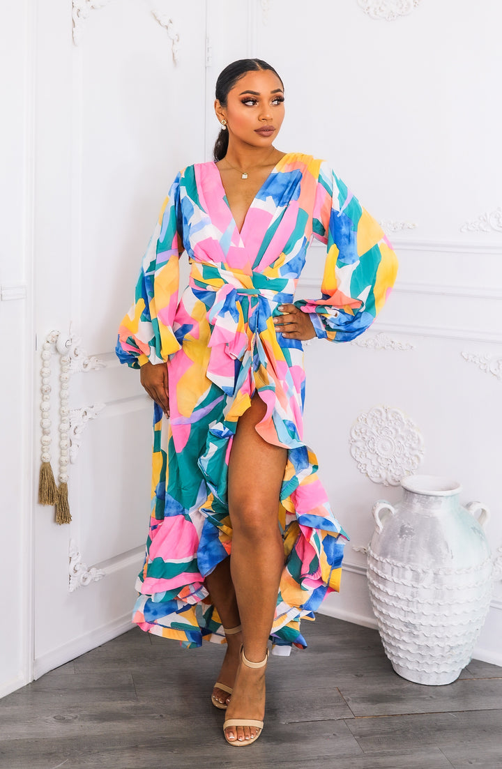 Color Splash Ruffle Wrap Maxi Dress with Balloon Sleeves