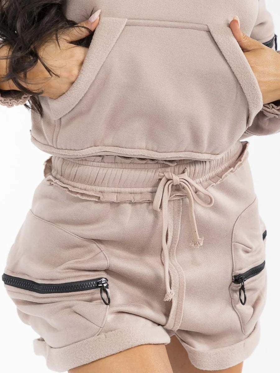 Zip-Detail Cropped Hoodie & Cargo Shorts Set