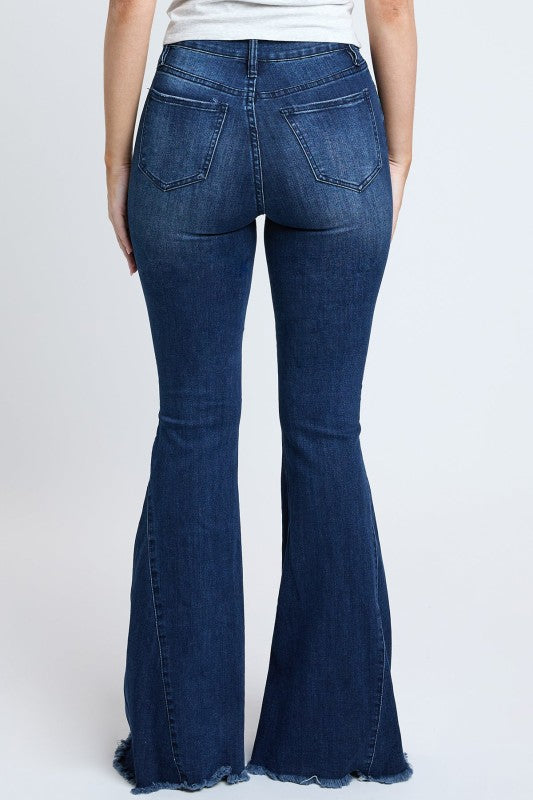 High-Waisted Distressed Flare Jeans – Dark Wash