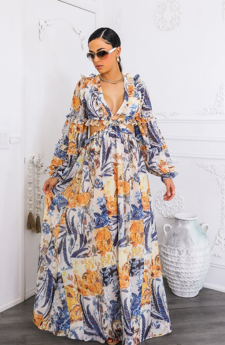 Boho Cream Floral Cutout Lace-Up Maxi Dress | Floral Maxi Dress 2026