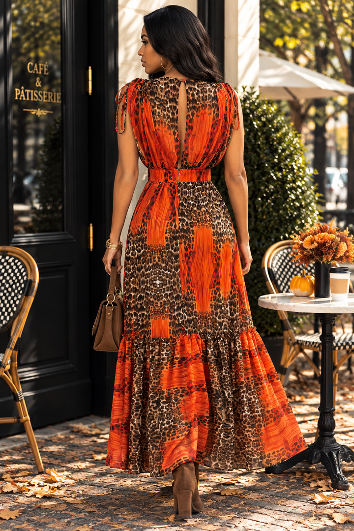 Rust Animal Print Dolman Sleeve Maxi Dress | Convertible Long-to-Sleeveless Tiered Dress