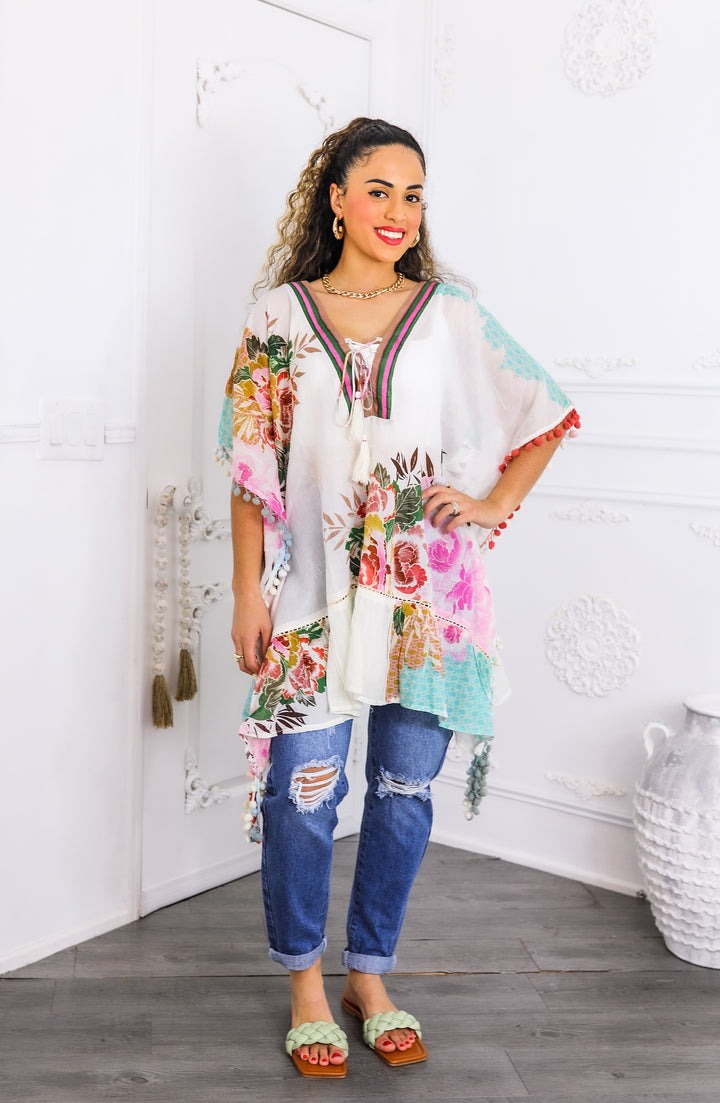 Boho Floral Tassel Kaftan Top – Lightweight Festival Tunic
