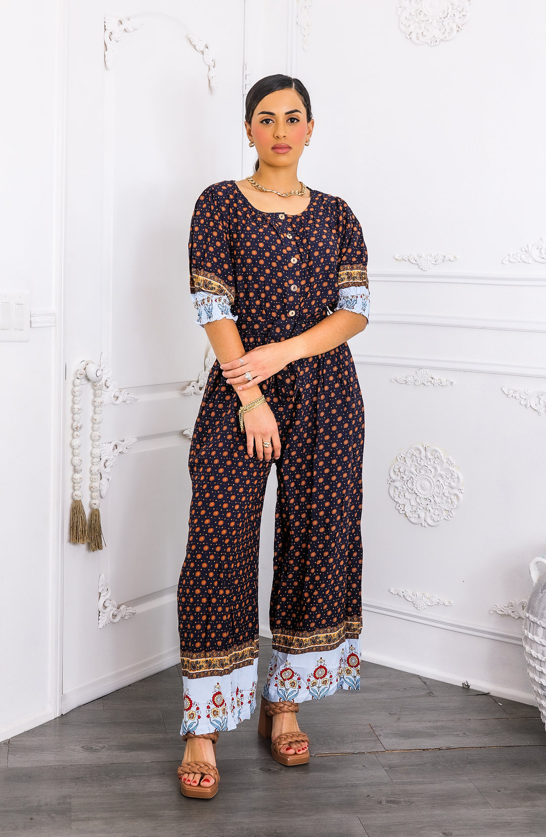 Boho Borders Wide-Leg Jumpsuit