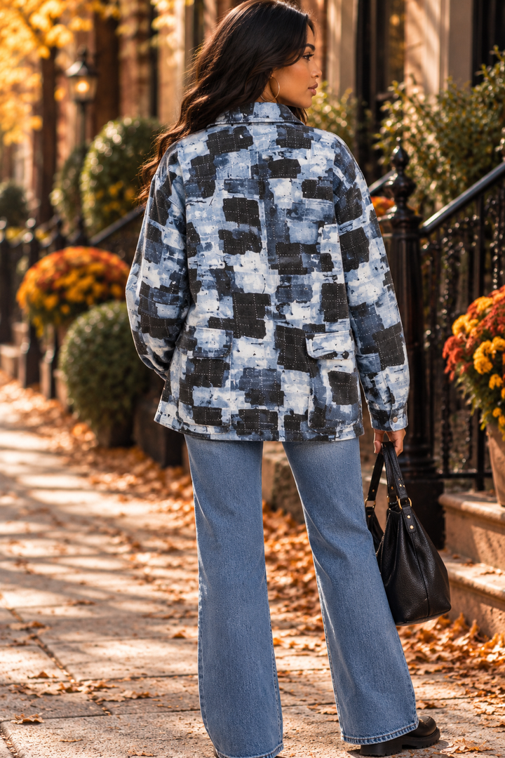 Denim Patchwork Cargo Jacket | Abstract Print Oversized Shacket