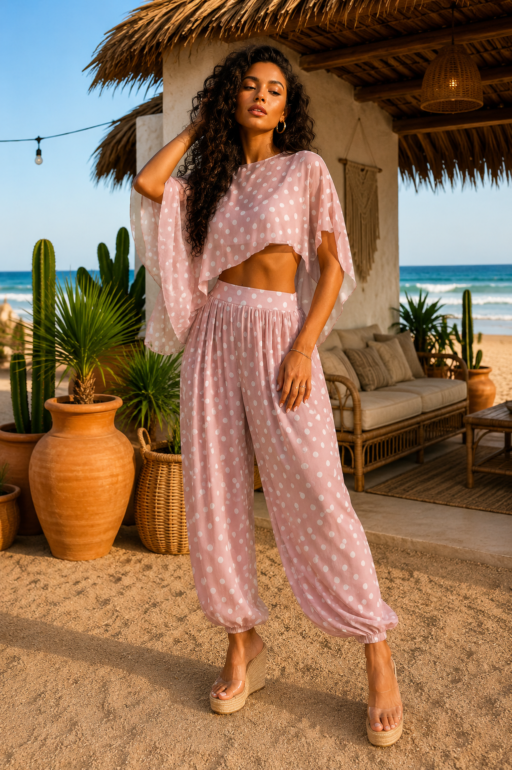 Sweet Escape Pink Polka Dot Two-Piece Pant Set
