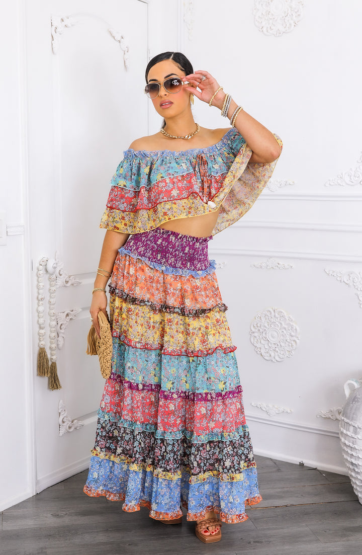 Boho Floral Ruffle Crop Top & Maxi Skirt Set