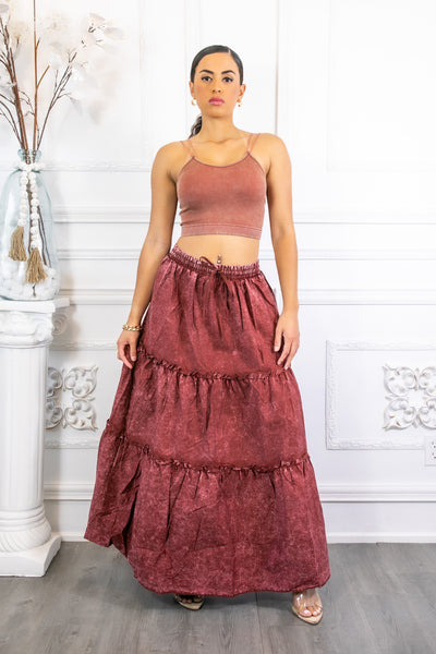 Woven Vintage Washed Maxi Skirt With Ribbed Double Strap Set