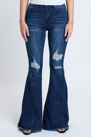 High-Waisted Distressed Flare Jeans – Dark Wash