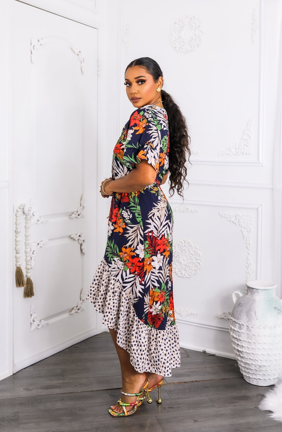 Tropical Bloom High-Low Midi Dress with Tie Waist