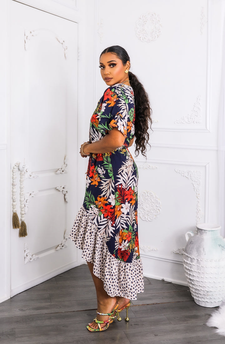 Tropical Bloom High-Low Midi Dress with Tie Waist