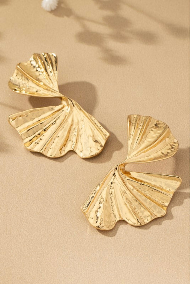 Bold Textured Twisted Fan Leaf Statement Earrings - Gold
