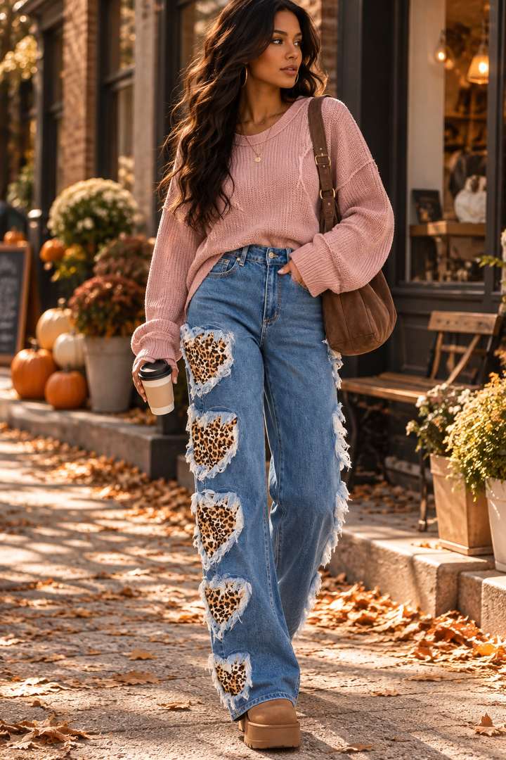 Cheetah Heart Patch Ripped Jeans | Leopard Print Distressed Denim
