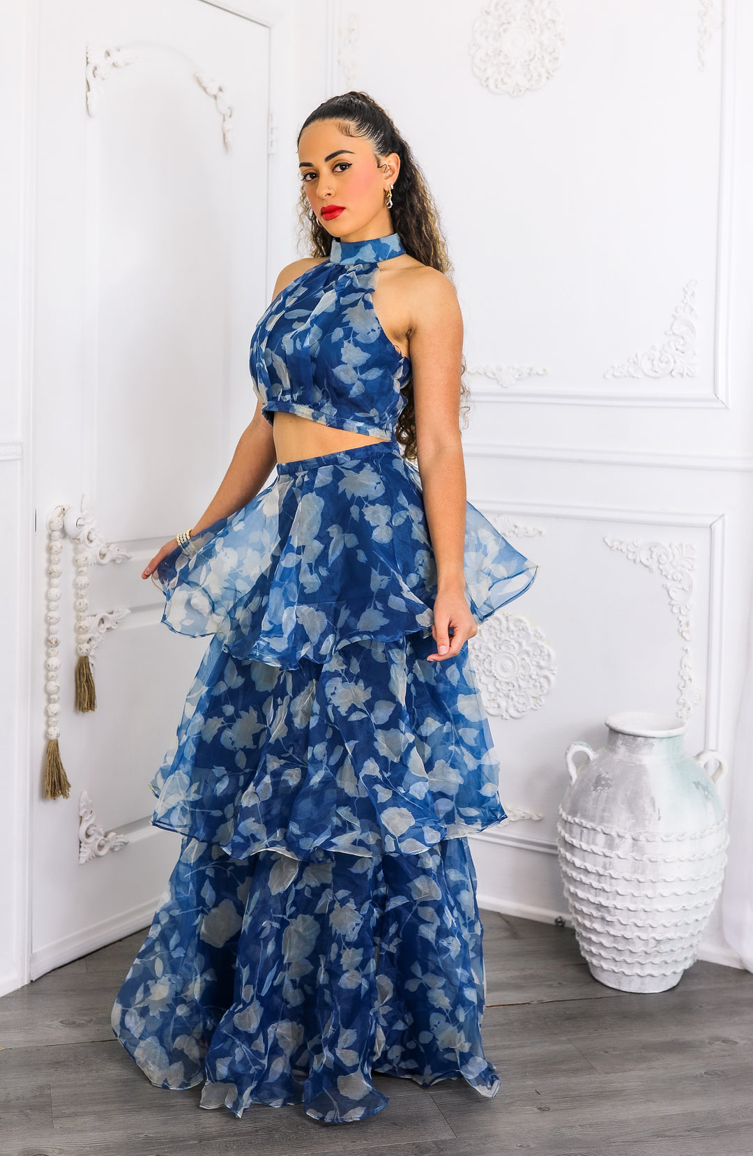 Blue Tiered Ruffle Two-Piece Set Halter Crop Top & Maxi Skirt S Blue Tiered Ruffle Two-Piece Set Halter Crop Top & Maxi Skirt S