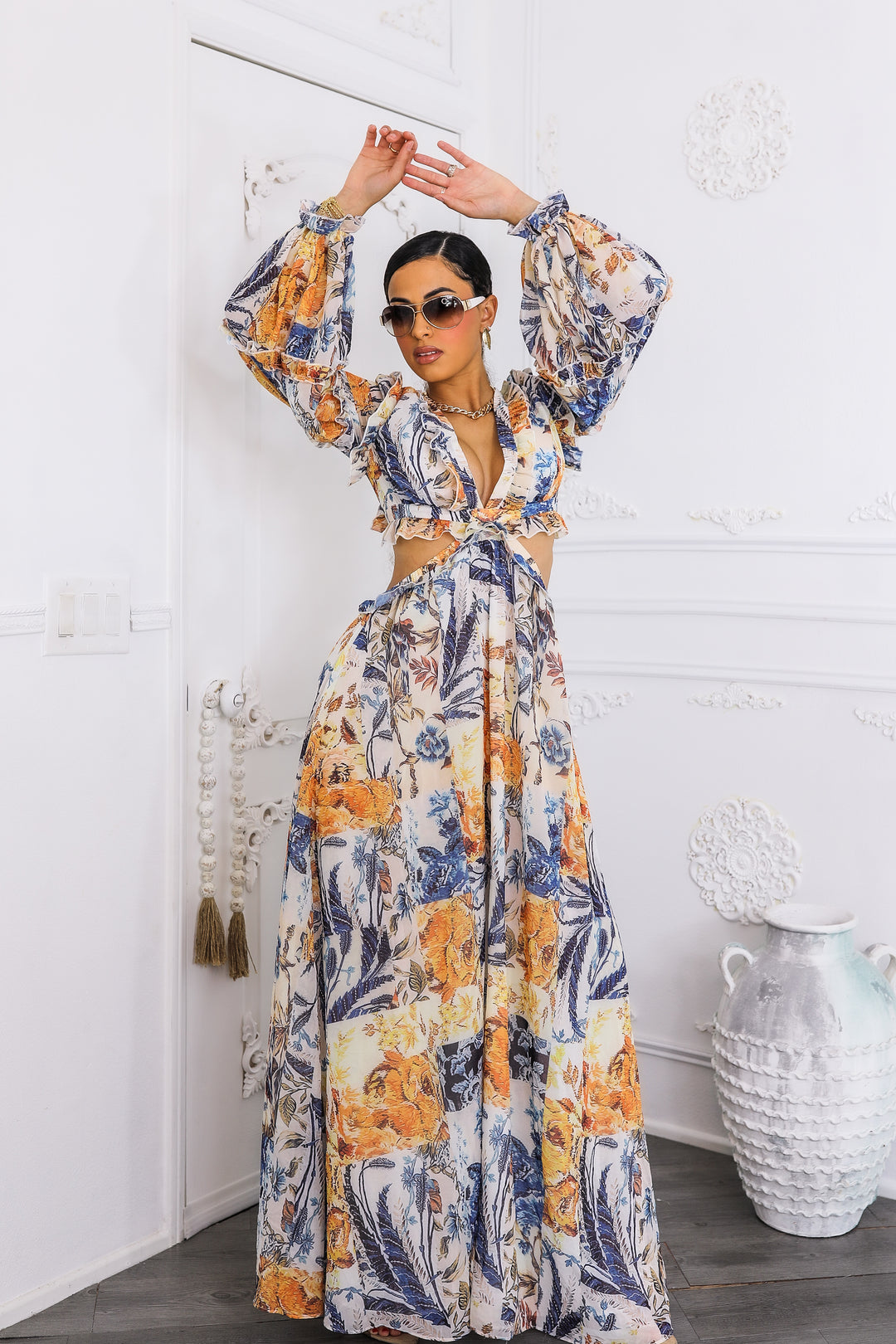 Boho Cream Floral Cutout Lace-Up Maxi Dress | Floral Maxi Dress 2026