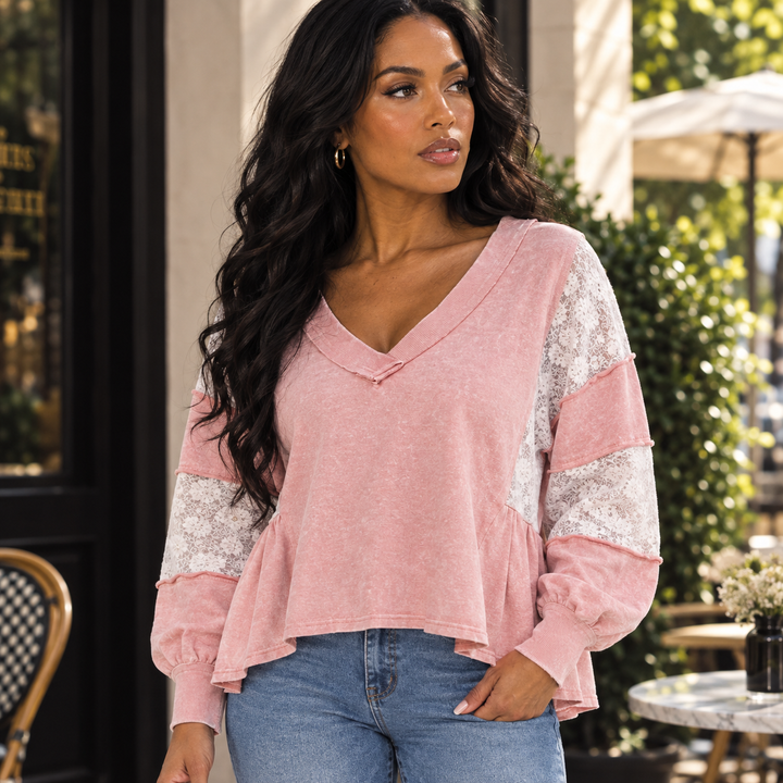 Mineral Wash V-Neck Peplum Top with Sheer Lace Sleeves – Blush Pink