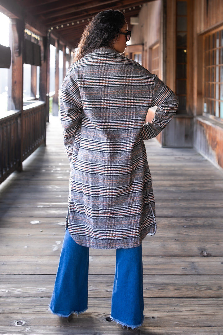 Grey Plaid Long Shacket – Oversized Button Down Coat for Women