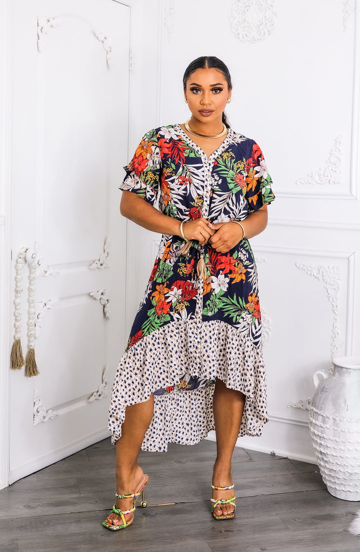 Tropical Bloom High-Low Midi Dress with Tie Waist