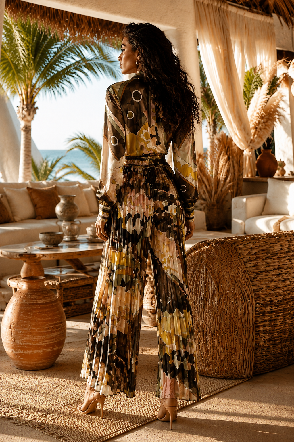 Olive Abstract Print Pleated Wide Leg Jumpsuit