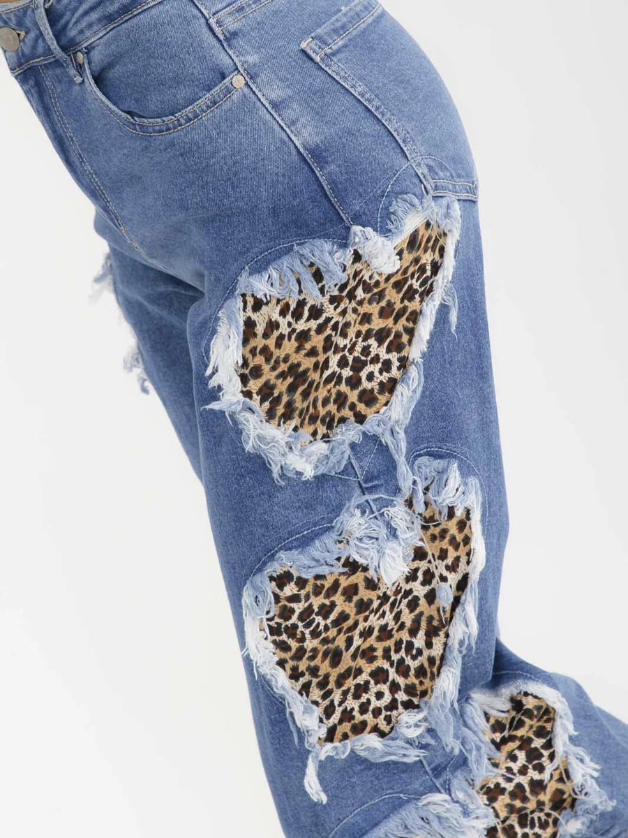 Cheetah Heart Patch Ripped Jeans | Leopard Print Distressed Denim