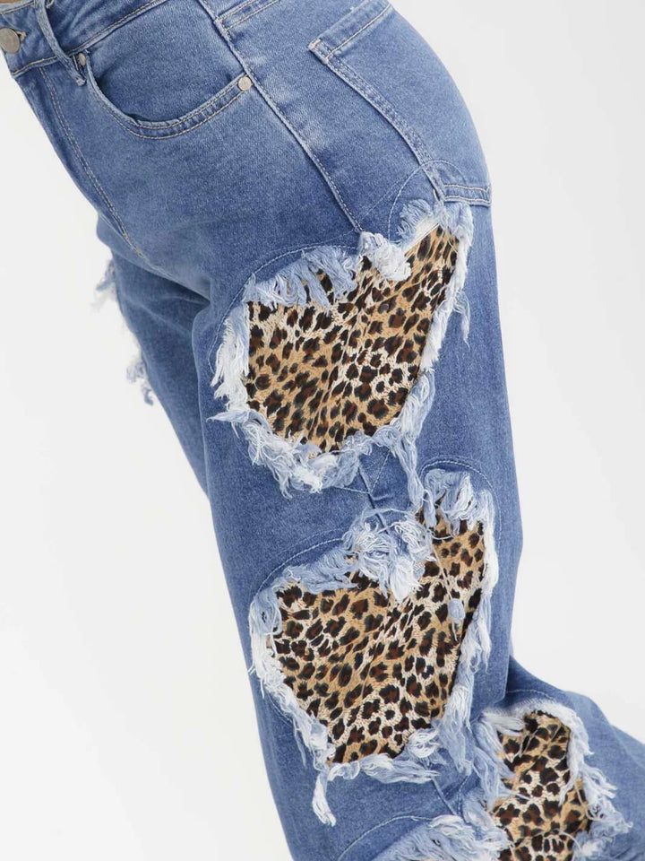 Cheetah Heart Patch Ripped Jeans | Leopard Print Distressed Denim