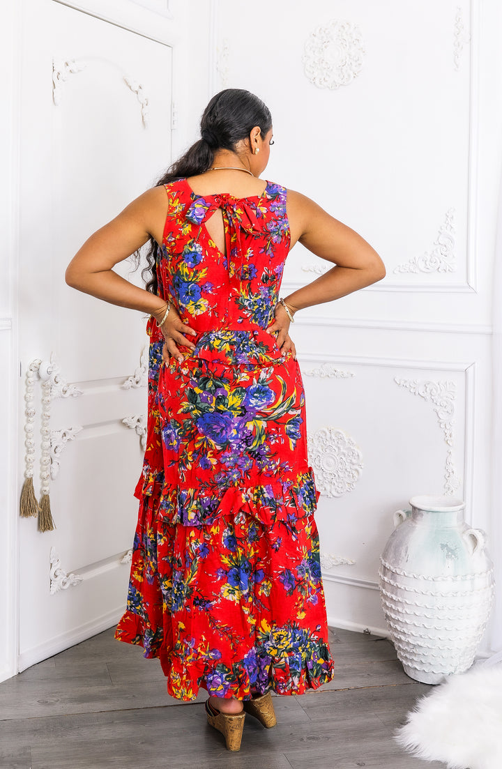 Red Floral Tiered Ruffle Maxi Dress with Pockets