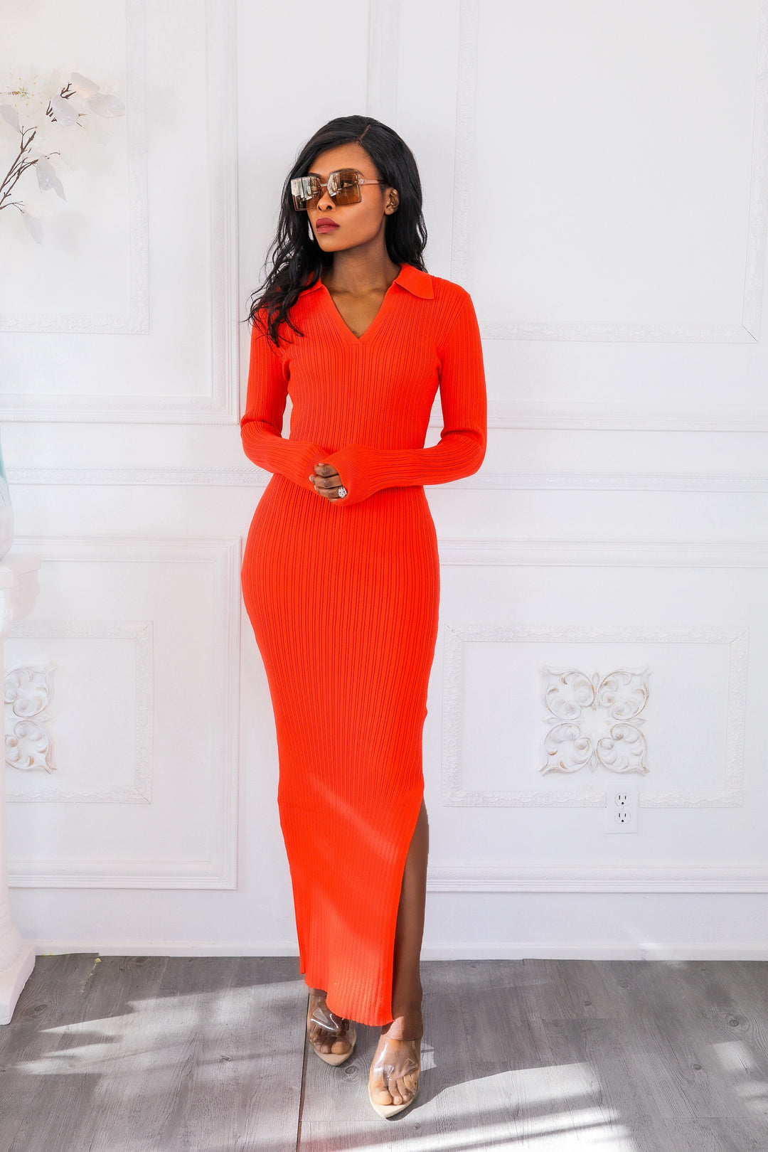 Cold Weather Slay Collar Ribbed Long Sleeves Maxi Dress with Side Slit SURELYMINE Cold Weather Slay Collar Ribbed Long Sleeves Maxi Dress with Side Slit SURELYMINE