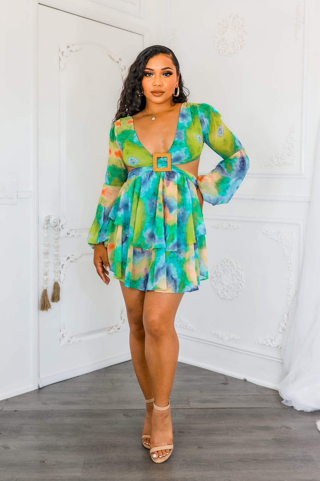 Blooming Bubble Sleeves Ruffle Mini Dress S / Green Blooming Bubble Sleeves Ruffle Mini Dress S / Green