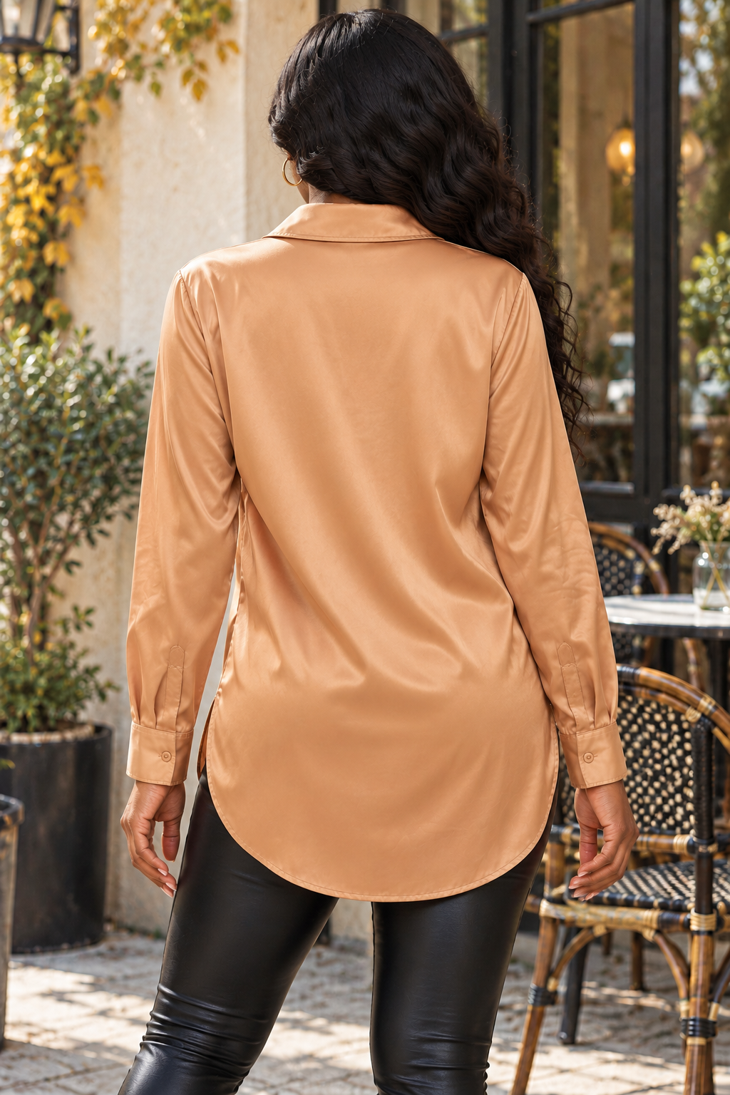 Classic Satin Button Down Shirt – Tan Camel Oversized Blouse