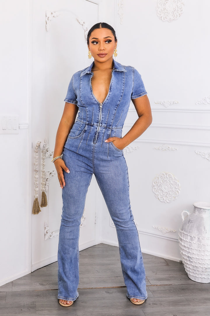 Zip-Front Short Sleeve Denim Jumpsuit