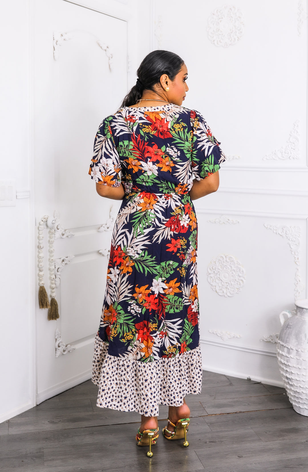 Tropical Bloom High-Low Midi Dress with Tie Waist