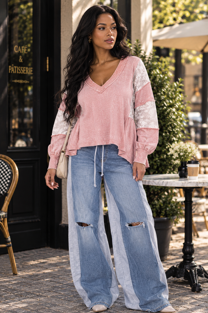 Mineral Wash V-Neck Peplum Top with Sheer Lace Sleeves – Blush Pink