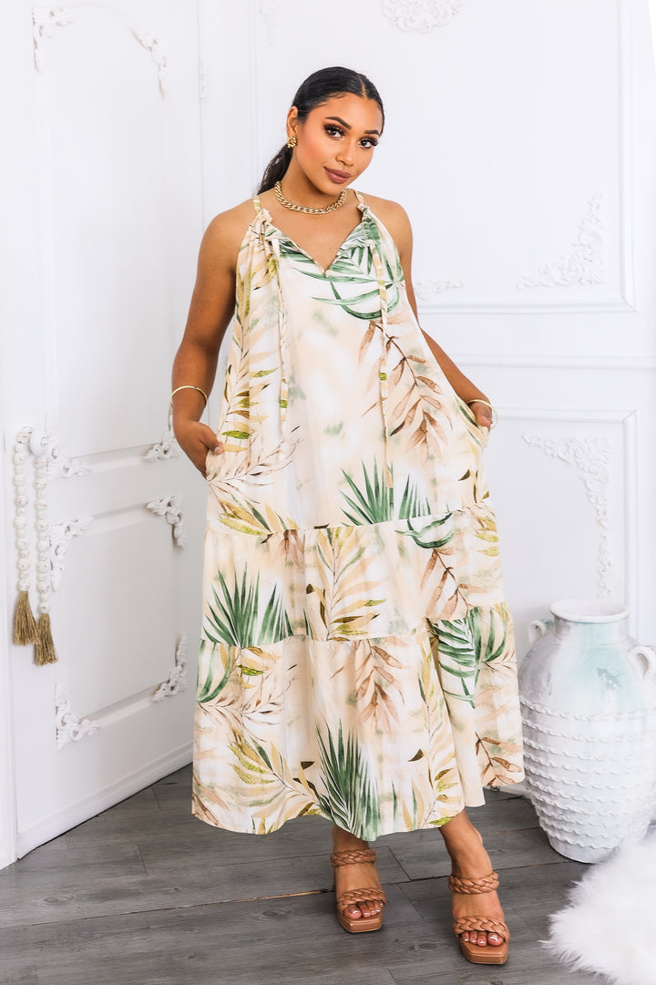 Tropical Palm Tiered Maxi Dress – Sand & Sage