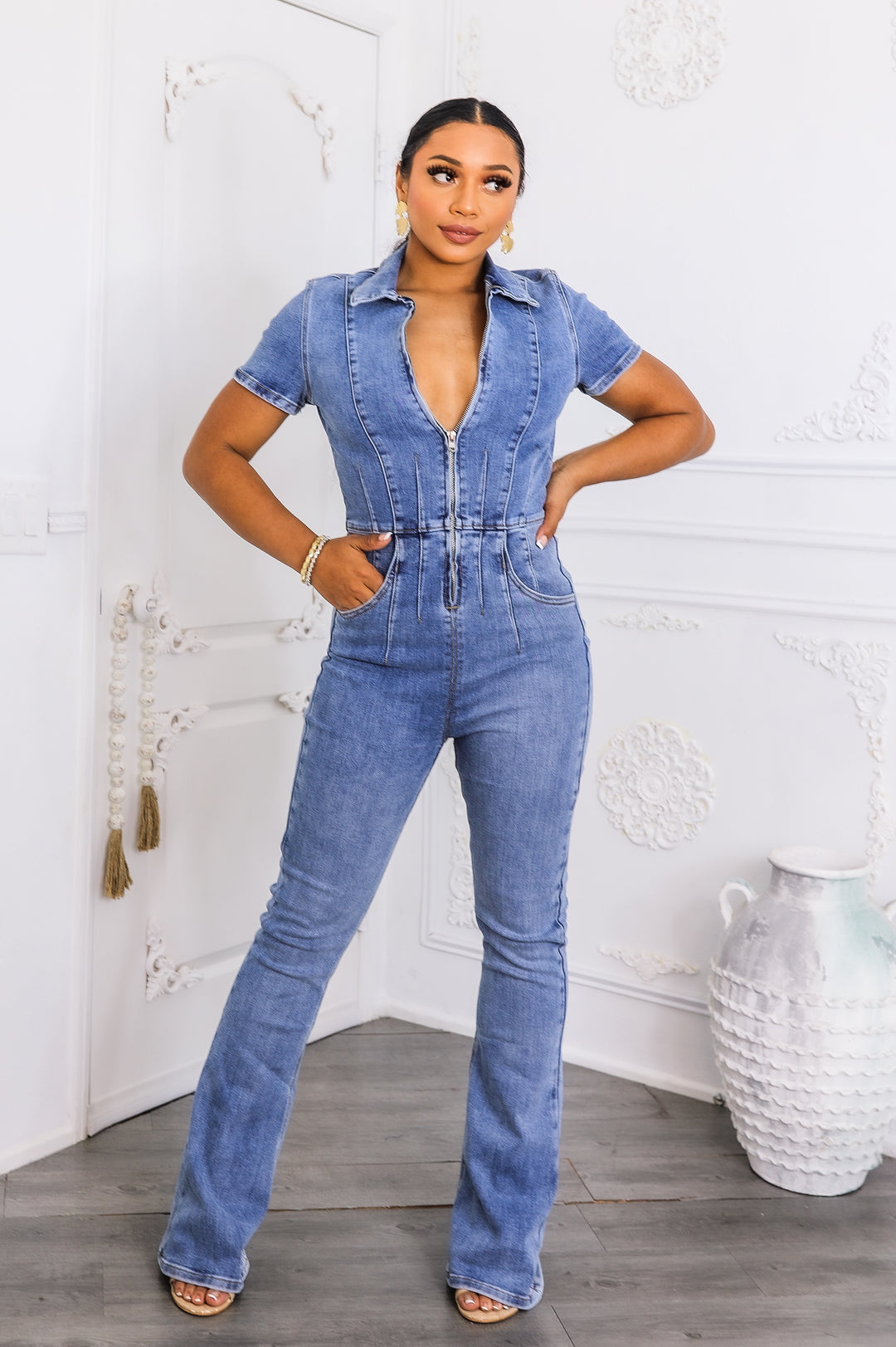 Zip-Front Short Sleeve Denim Jumpsuit