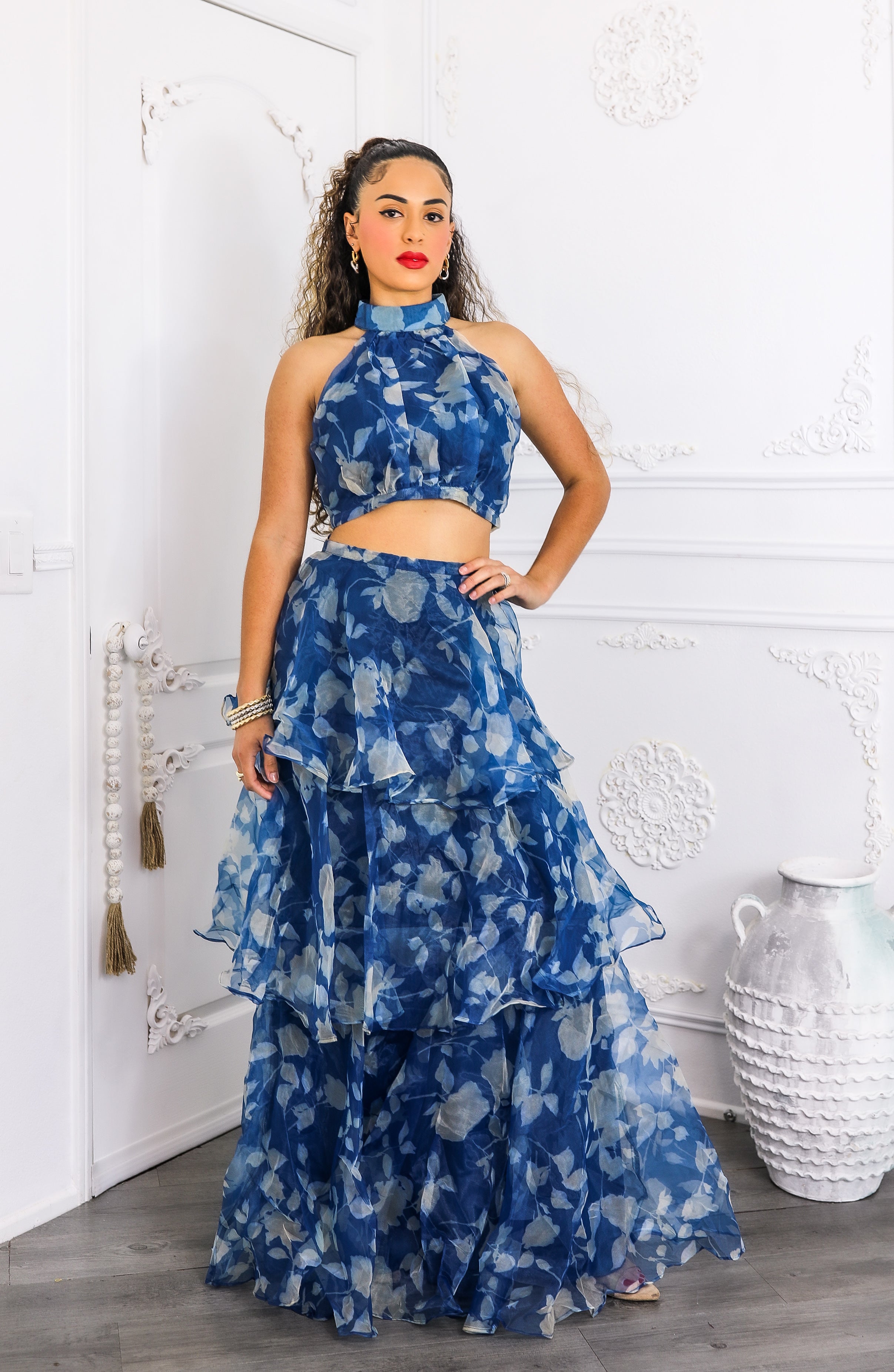 Blue Tiered Ruffle Two-Piece Set – Halter Crop Top & Maxi Skirt