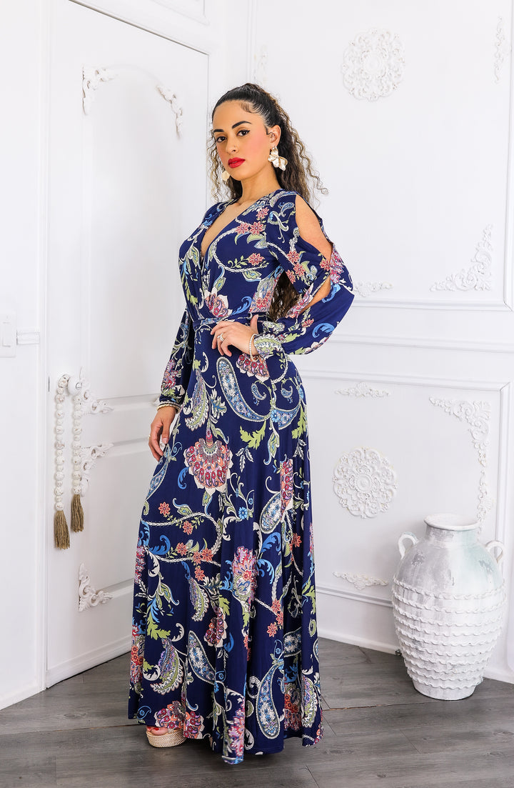 Navy Paisley Cutout Maxi Dress with Long Sleeves