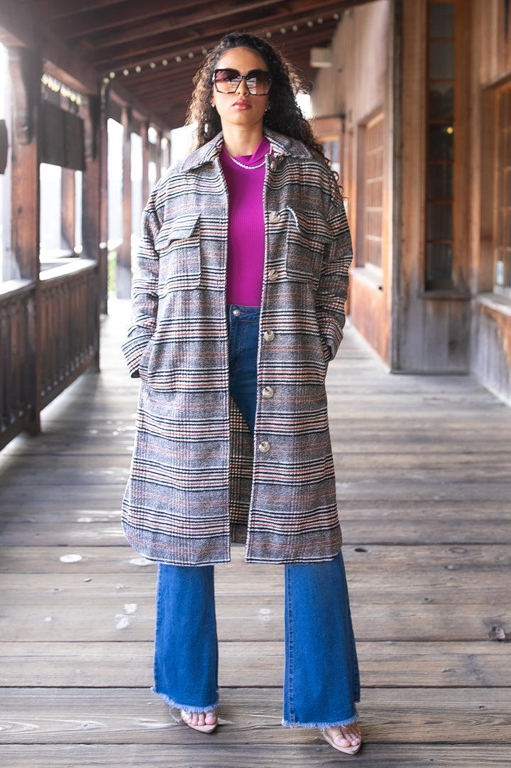 Grey Plaid Long Shacket – Oversized Button Down Coat for Women