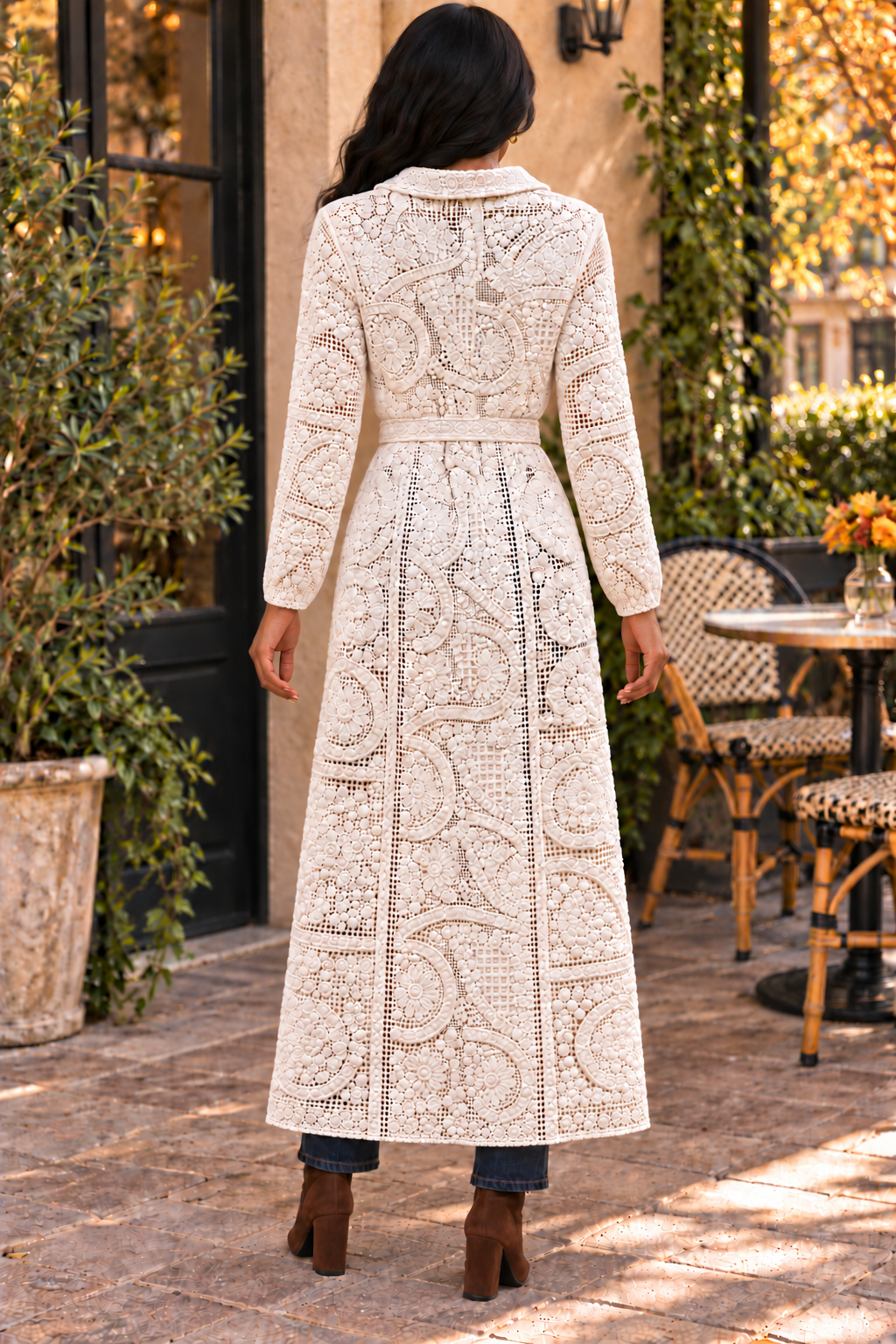 Crochet Lace Maxi Duster Cardigan – Cream Belted Boho Cover-Up