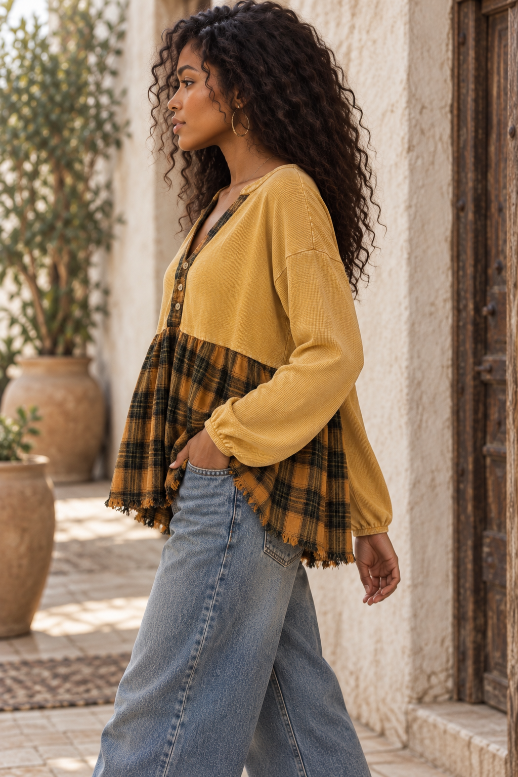Mustard Waffle Knit Plaid Peplum Top – Boho Frayed Hem Henley Tunic