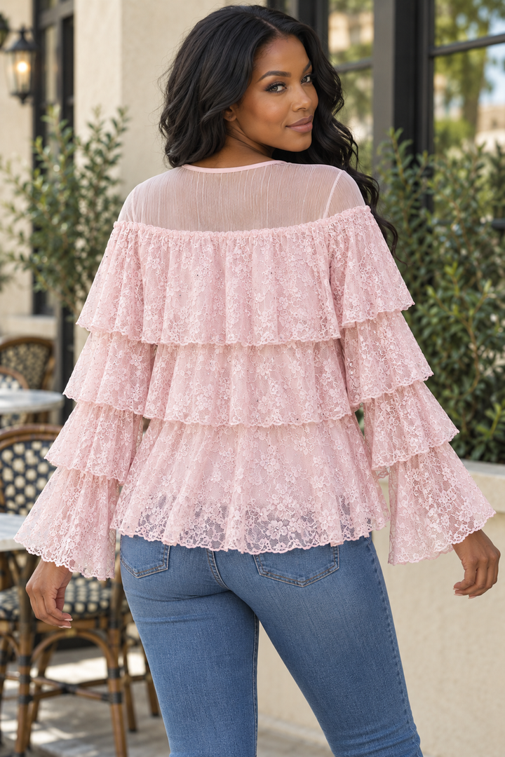 Tiered Lace Ruffle Blouse – Blush Pink Sheer Yoke Long Bell Sleeve Boho Top