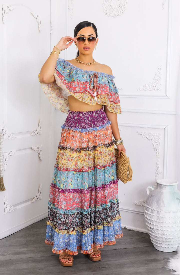 Boho Floral Ruffle Crop Top & Maxi Skirt Set