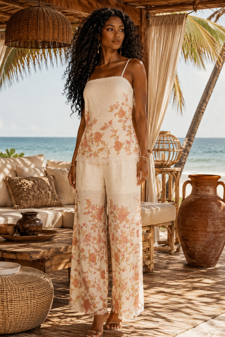 Blush Coast Eyelet Palazzo Set | Floral Resort Two Piece Set