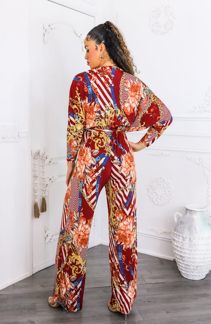 Red Chain Print Wide Leg Jumpsuit | Boho Chic One Piece