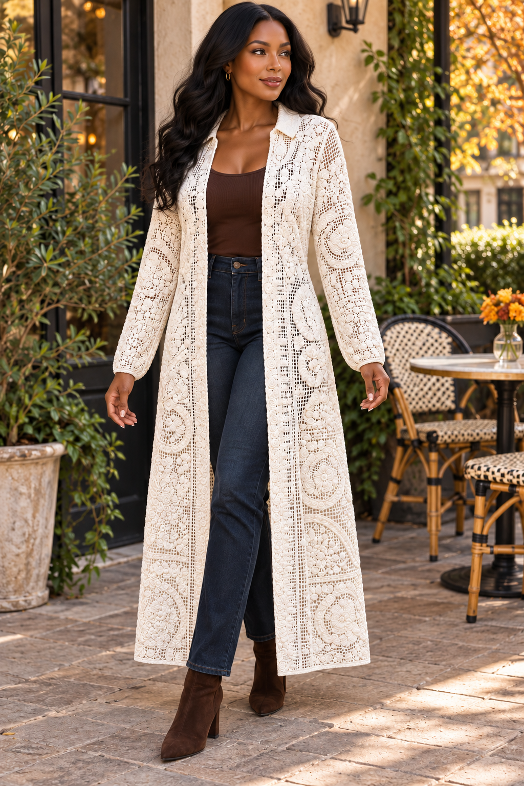 Crochet Lace Maxi Duster Cardigan – Cream Belted Boho Cover-Up