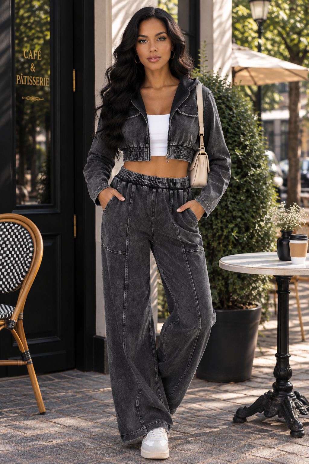 Mineral Wash Two Piece Set – Hooded Crop Jacket & Wide Leg Pants